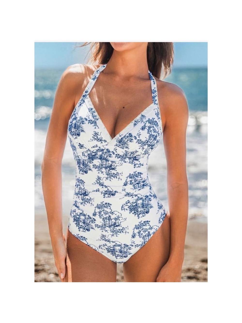 Cupshe Blue and White Toile Halter One-Piece Swimsuit